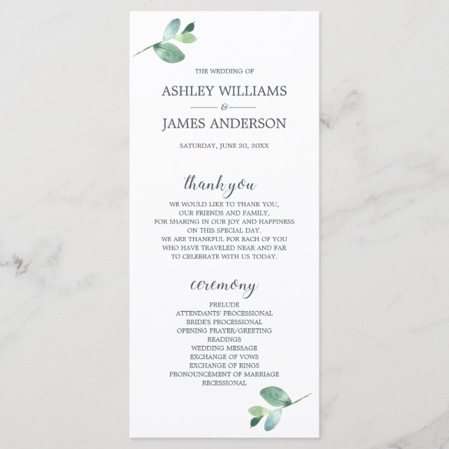 Chic Script Eucalyptus Foliage Minimale Hochzeit Programm (Vorderseite)