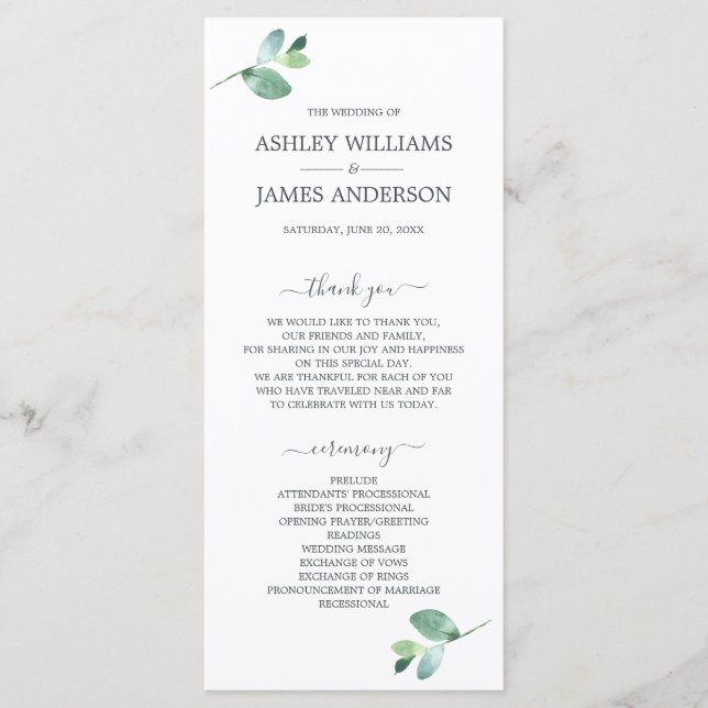 Chic Script Eucalyptus Foliage Minimale Hochzeit Programm (Vorderseite)