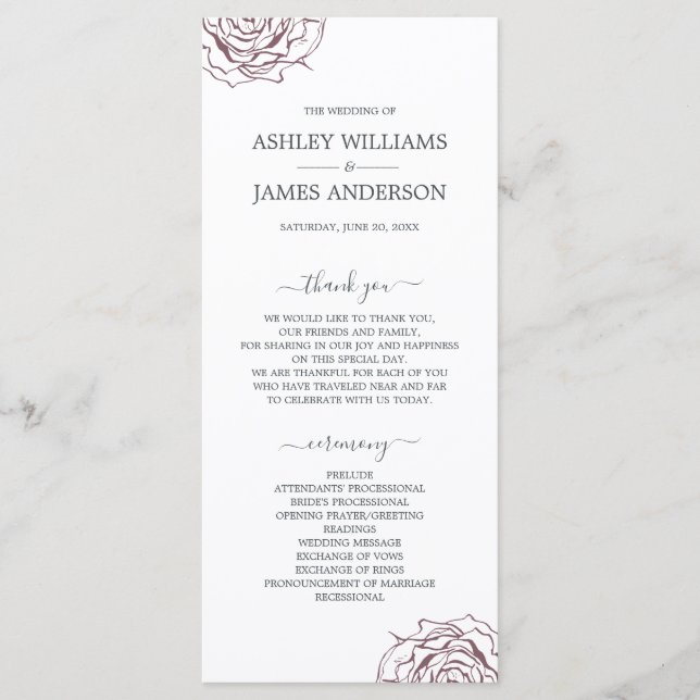 Chic Script floral Burgundy Rose Simple Wedding Programm (Vorderseite)