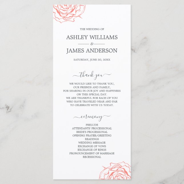 Chic Script Floral Coral Rose Einfache Hochzeit Programm (Vorderseite)