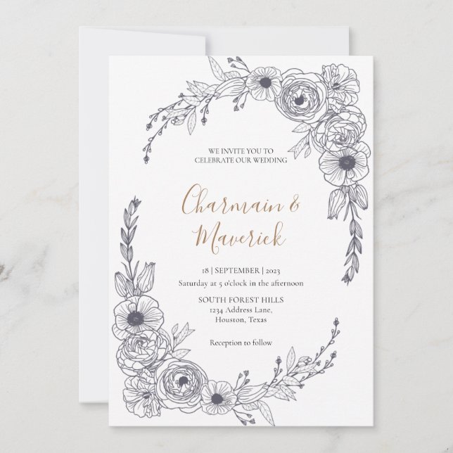 Chic Script Floral Frame Wedding Einladung (Vorderseite)