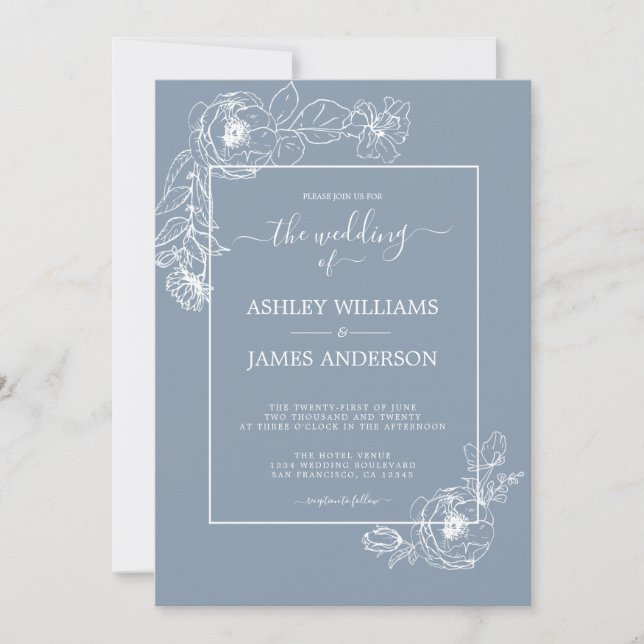 Chic Script Floral Kontur Dusty Blue Wedding Einladung (Vorderseite)