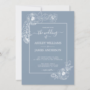 Chic Script Floral Kontur Dusty Blue Wedding Einladung