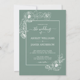Chic Script Floral Kontur Dusty Green Wedding Einladung