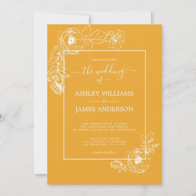 Chic Script Floral Kontur Mellow Yellow Wedding Einladung (Vorderseite)