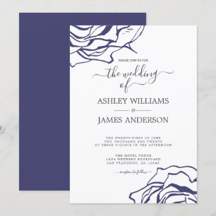 Chic Script Floral Kontur Navy Blue Rose Hochzeit Einladung