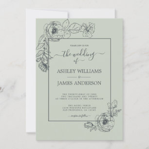 Chic Script floral Kontur Pastel Green Wedding Einladung