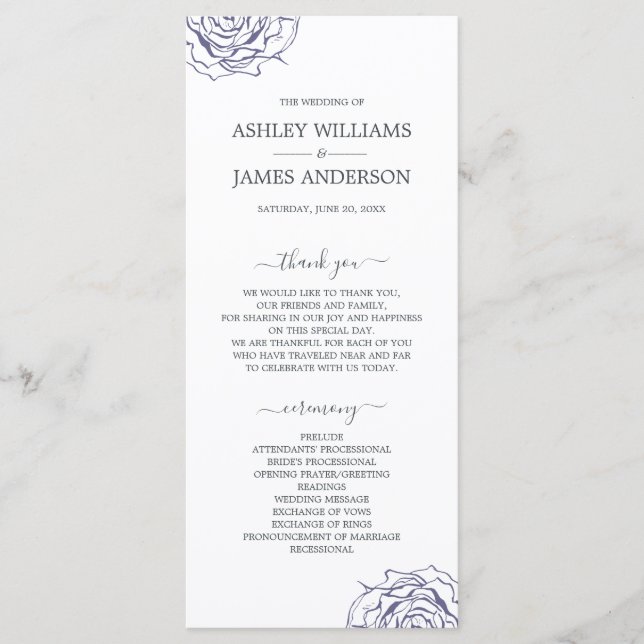 Chic Script Floral Navy Blue Rose Simple Wedding Programm (Vorderseite)