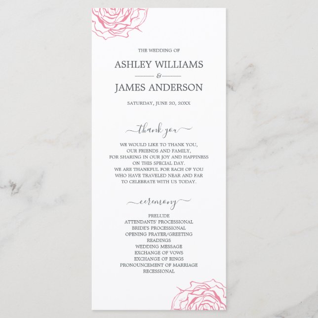 Chic Script floral Pink Rose Einfache Hochzeit Programm (Vorderseite)
