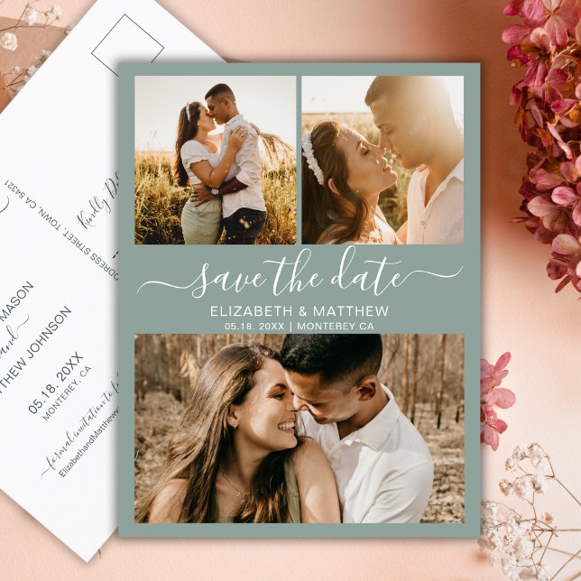 Chic Script Foto Collage Sage Green Save the Date Ankündigungspostkarte (Von Creator hochgeladen)