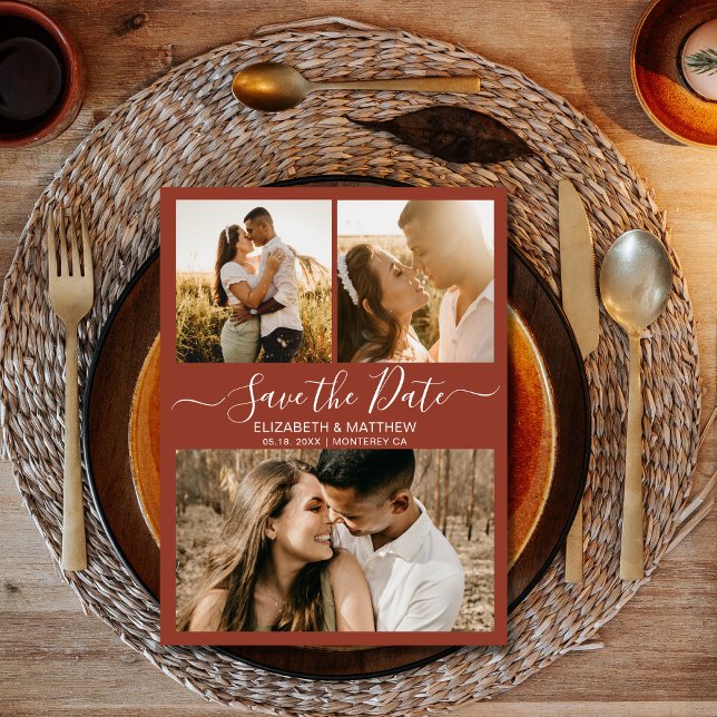 Chic Script Foto Collage Terracotta Save the Date Ankündigungspostkarte (Von Creator hochgeladen)