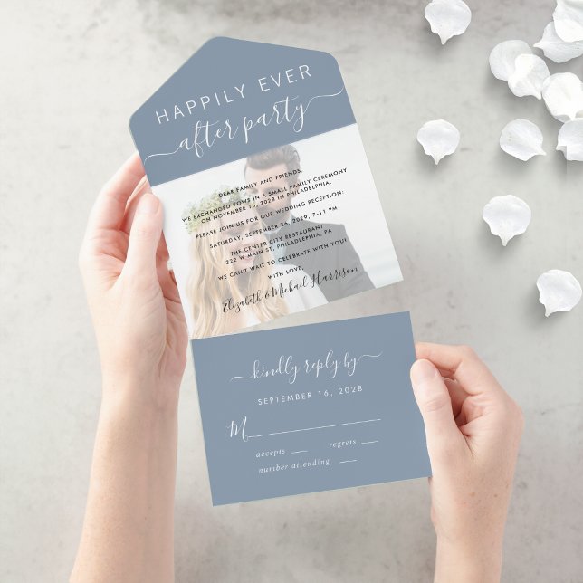 Chic Script Foto Dusty Blue Wedding Reception All In One Einladung (An elegant Happily Ever After Party Invitation to set the tone for an unforgettable event)