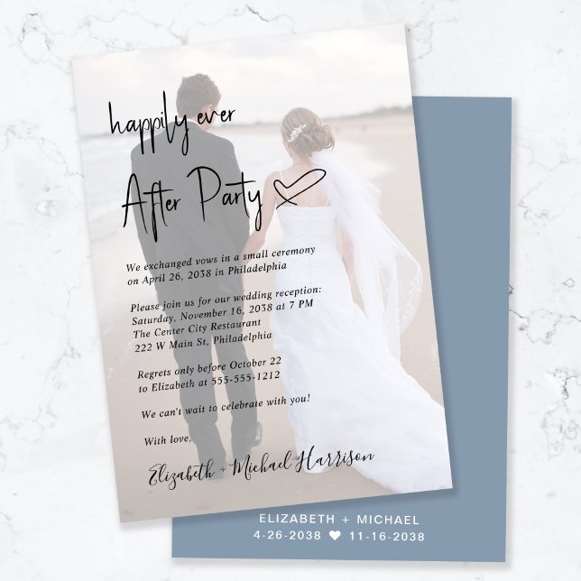 Chic Script Foto Dusty Blue Wedding Reception Einladung (Von Creator hochgeladen)