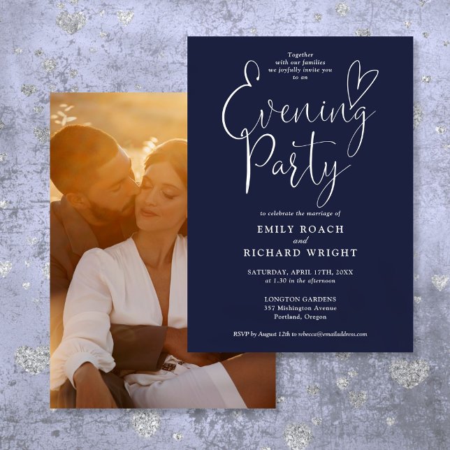 Chic Script Foto Navy Blue Wedding Abend Party Einladung (Chic Script Photo Navy Blue Wedding Evening Party Invitation)