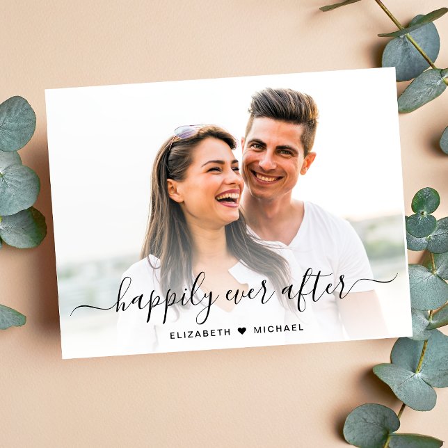 Chic Script Foto Overlay Cream-Verlobung Ankündigungspostkarte (A chic happily ever after photo engagement announcement)