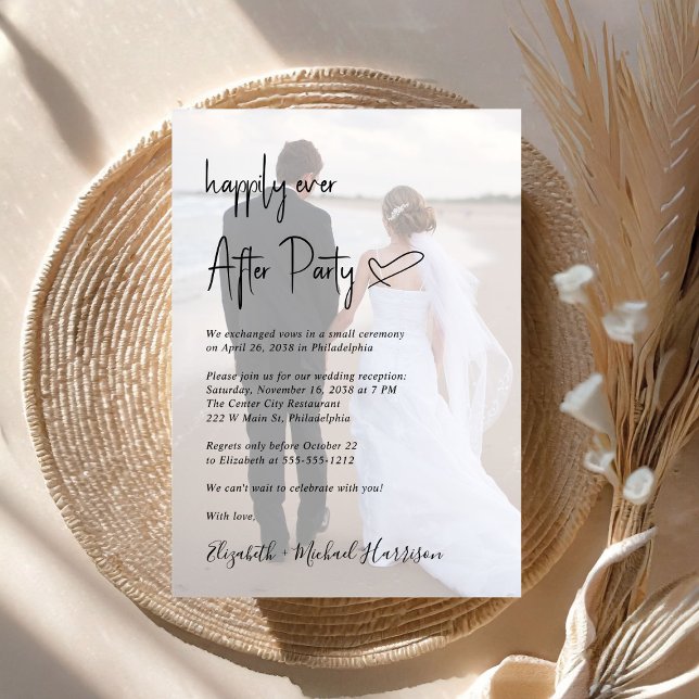 Chic Script Foto Overlay Hochzeitempfang Einladung (An chic Happily Ever After Party invitation for your wedding celebration)