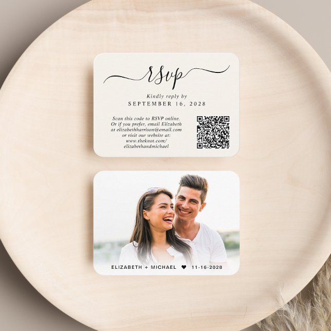 Chic Script Foto QR Code Cream Wedding RSVP Begleitkarte (Our user-friendly template will generate your QR code automatically from your website address)