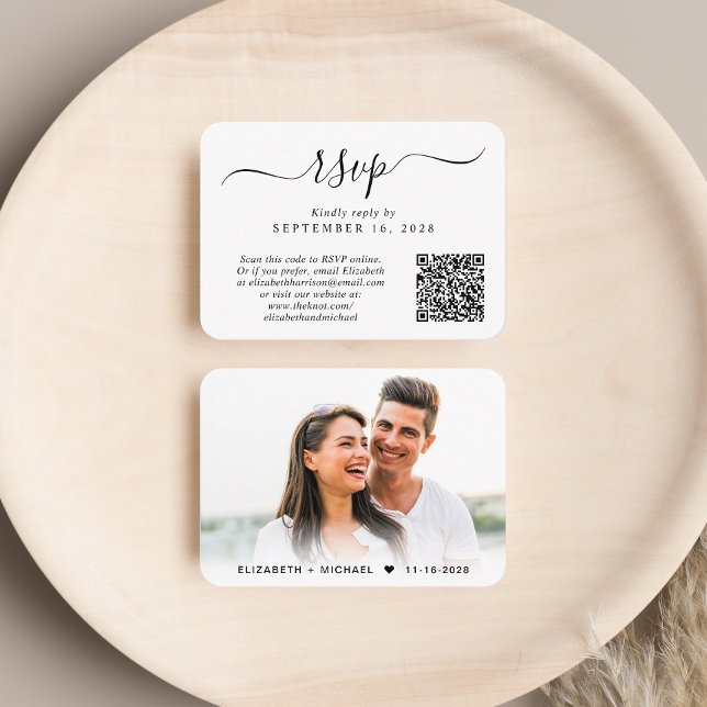 Chic Script Foto QR Code Wedding RSVP Begleitkarte (Our user-friendly template will generate your QR code automatically from your website address)