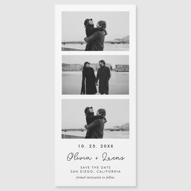 Chic Script Foto Strip Magnetic Wedding Magnetkarte (Vorderseite)