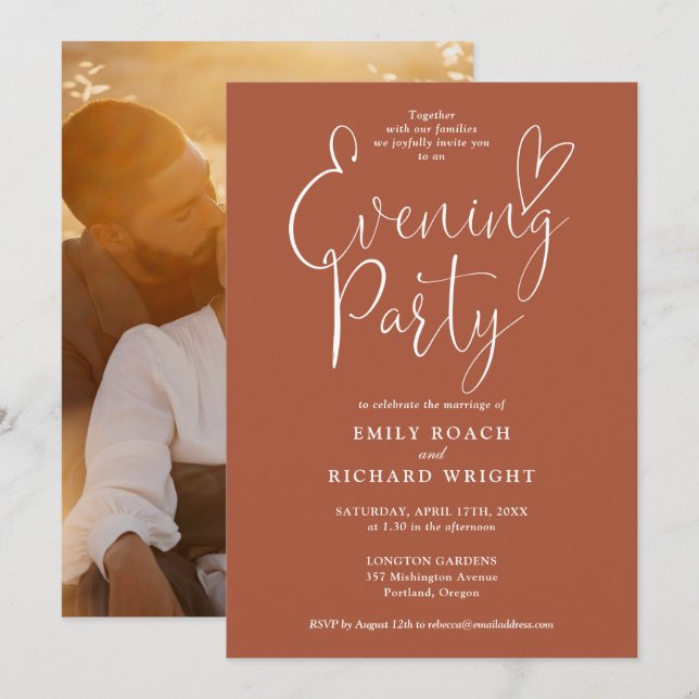 Chic Script Foto Terracotta Wedding Abend Party Einladung (Vorne/Hinten)