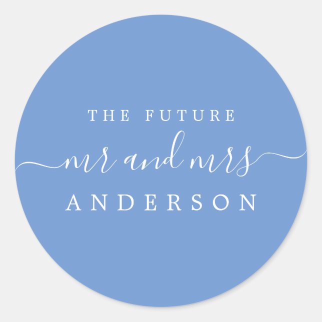 Chic Script Future Mr. Cornflower Blue Wedding Runder Aufkleber (Vorderseite)