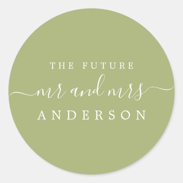 Chic Script Future Mr. Leaf Green Wedding Runder Aufkleber (Vorderseite)