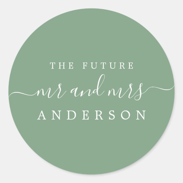Chic Script Future Mr. Mineral Green Wedding Runder Aufkleber (Vorderseite)