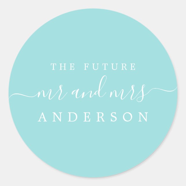 Chic Script Future Mr. Turquoise Blue Wedding Runder Aufkleber (Vorderseite)