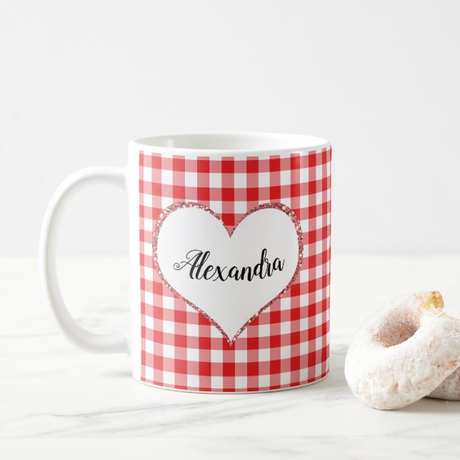 Chic Script Girly Red White Gingham Individuelle N Tasse (Mit Donut)