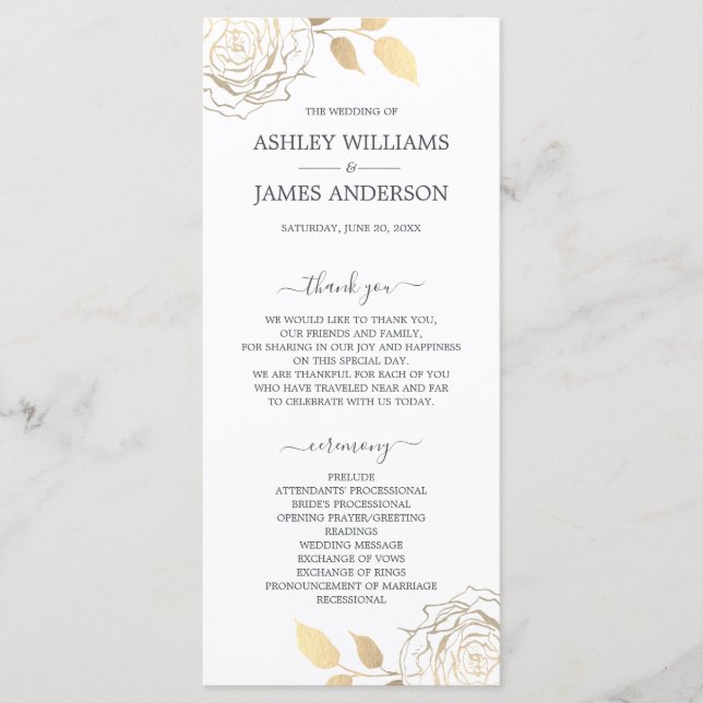 Chic Script Gold Floral Rose Einfache Hochzeit Programm (Vorderseite)