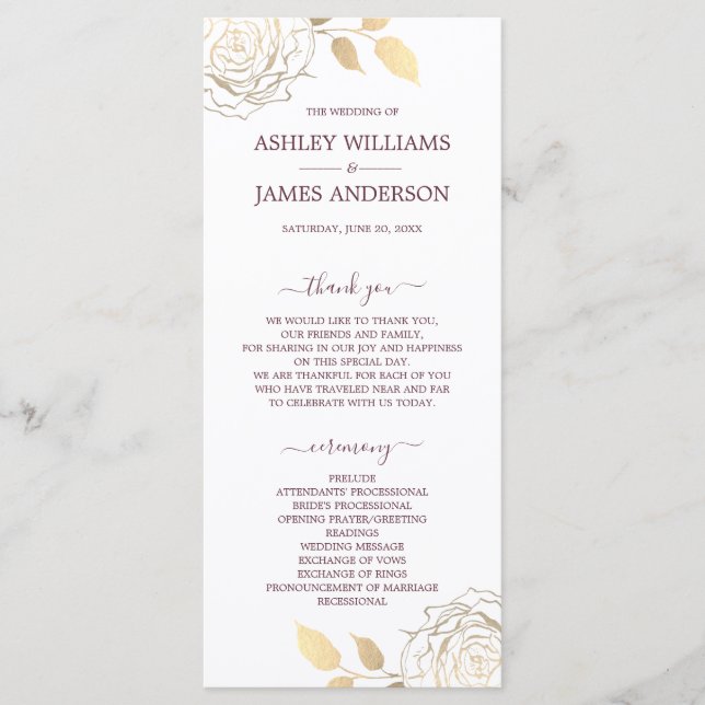 Chic Script Gold Floral Rose Einfache Hochzeit Programm (Vorderseite)