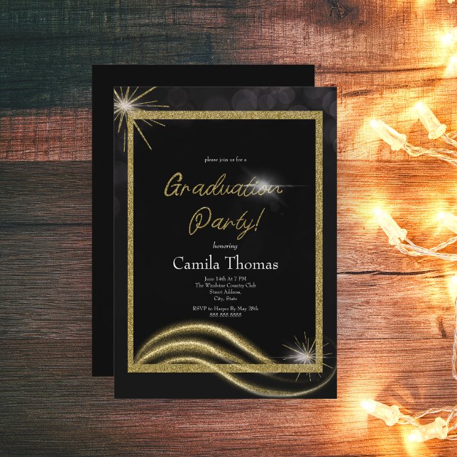 Chic Script Gold Glitter Abschlussfeier  Einladung (Von Creator hochgeladen)