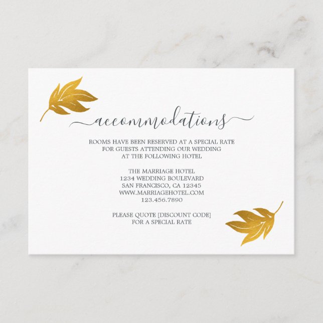 Chic Script Gold Leaf Hochzeitsinformationen Begleitkarte (Vorderseite)