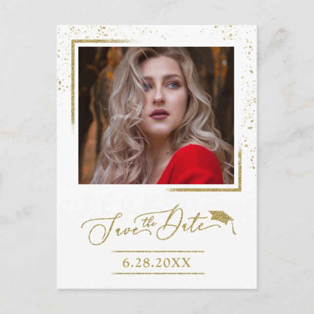 Chic Script Grad Party Save the Date Gold Glitzer Postkarte (Vorderseite)