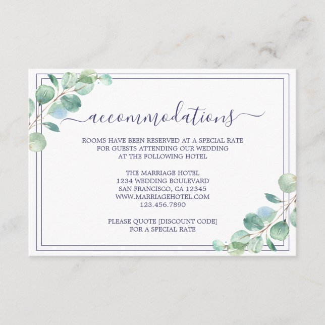 Chic Script Green Foliage Hochzeitsinformationen Begleitkarte (Vorderseite)