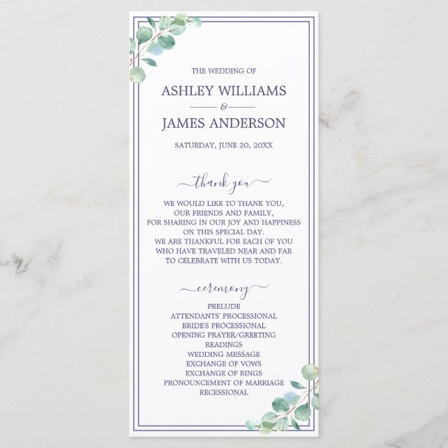 Chic Script Green Foliage Navy Blue Border Wedding Programm (Vorderseite)