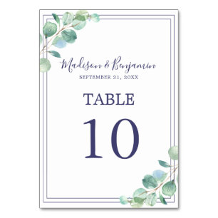 Chic Script Green Foliage Navy Blue Border Wedding Tischnummer
