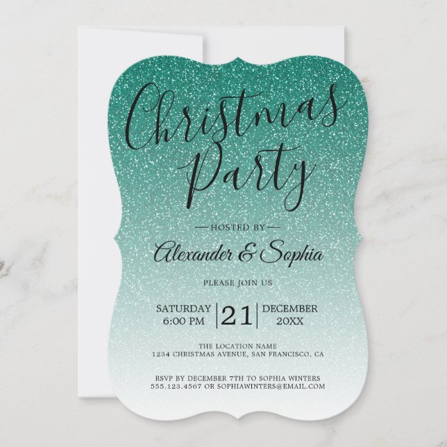Chic Script Green Glitzer Ombre Christmas Party in Einladung (Vorderseite)