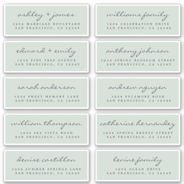 Chic Script Green Wedding Guest Address Labels (Vorderseite)