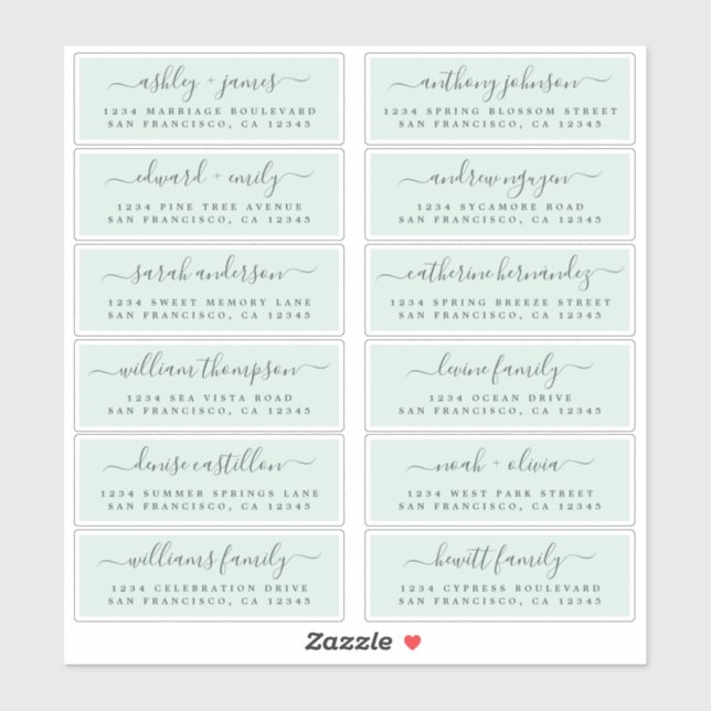 Chic Script Green Wedding Guest Address Labels (Blatt)