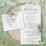 Chic Script Greenery Blumendetails UAWG Wedding All In One Einladung<br><div class="desc">All dies in einer Hochzeitseinladung mit botanischer Vegetation und Blumen,  die durch elegante Kalligraphie Schrift Typografie. Die Einladung enthält zusätzliche Gastdetails und eine perforierte RSVP-Karte,  die für Sie individuell adressiert oder verlassen werden kann,  damit Sie die Adressdaten Ihres Gastes handschreiben können. Entwickelt von Thisisnotme©</div>