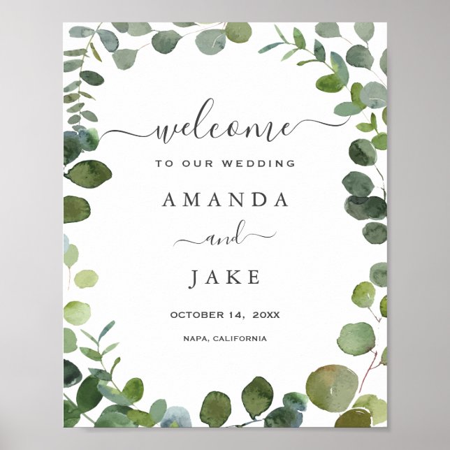Chic Script Greenery Eucalyptus Wedding Willkommen Poster (Vorne)
