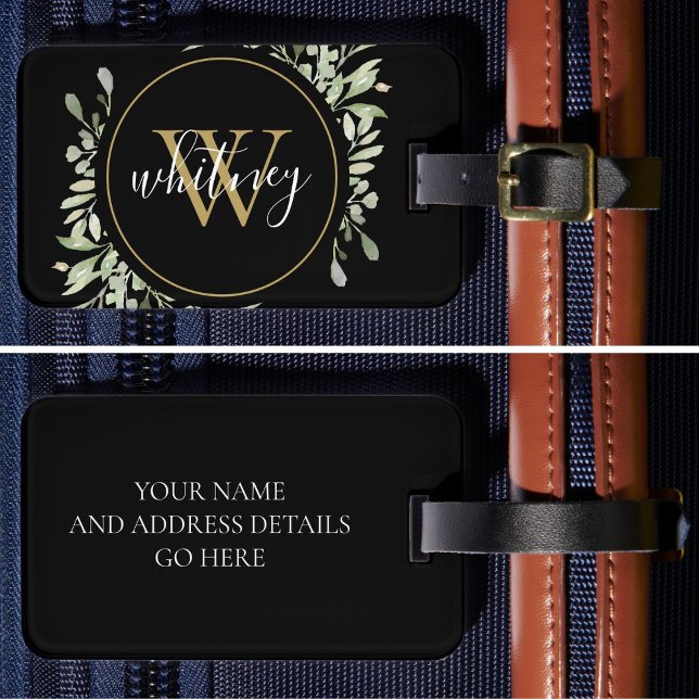Chic Script Greenery Gold Monogram Black Gepäckanhänger (Chic Script Greenery Gold Monogram Black Luggage Tag)