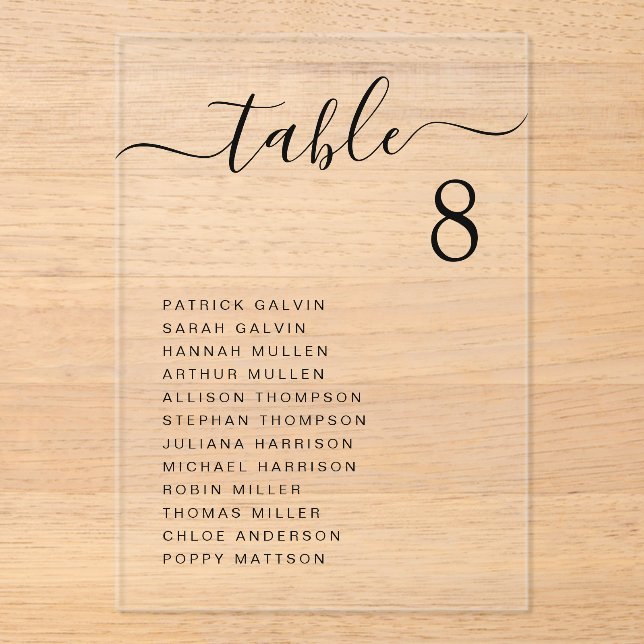 Chic Script Hochzeitstabelle Acryleinladungen (Vorderseite)