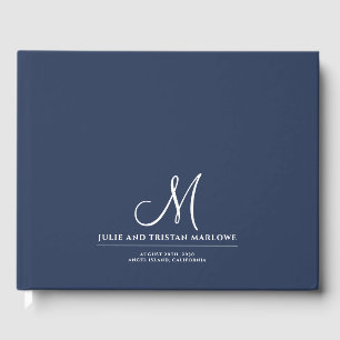 Chic Script Initial Wedding Monogram Navy Blue Gästebuch