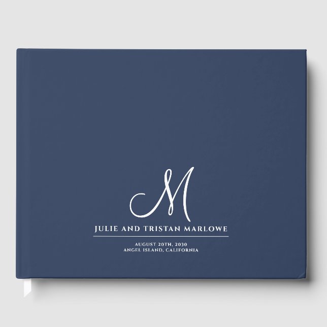 Chic Script Initial Wedding Monogram Navy Blue Gästebuch (Vorderseite)