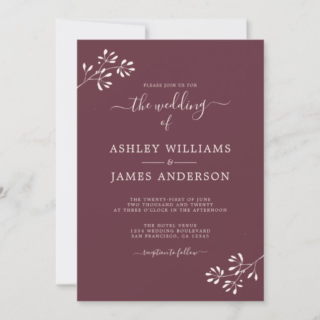 Chic Script Ivory Foliage Burgundy Wedding Einladung (Vorderseite)