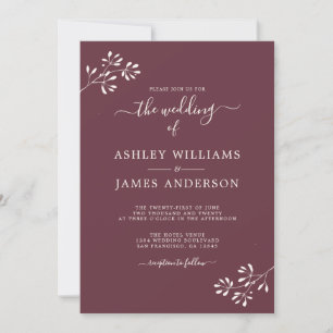 Chic Script Ivory Foliage Burgundy Wedding Einladung