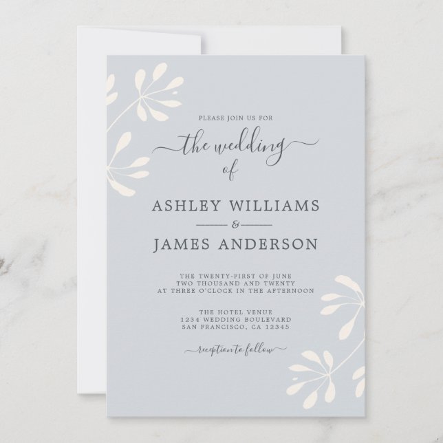 Chic Script Ivory Foliage Pastel Blue Wedding Einladung (Vorderseite)
