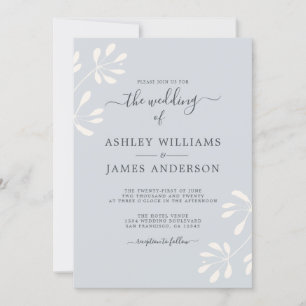 Chic Script Ivory Foliage Pastel Blue Wedding Einladung